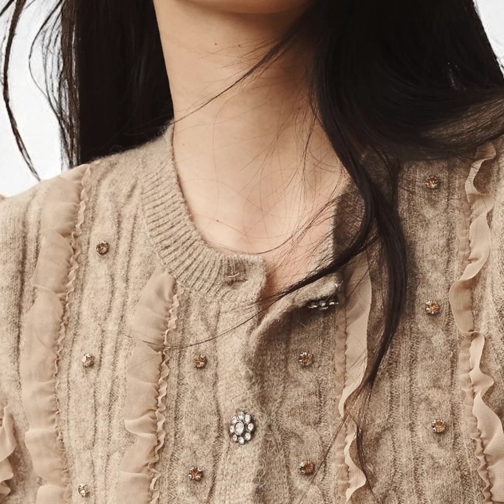 NWT MAEVE (XS) Short-Sleeve Embellished Ruffled Cardigan Sweater Taupe Stretch - Picture 3 of 14